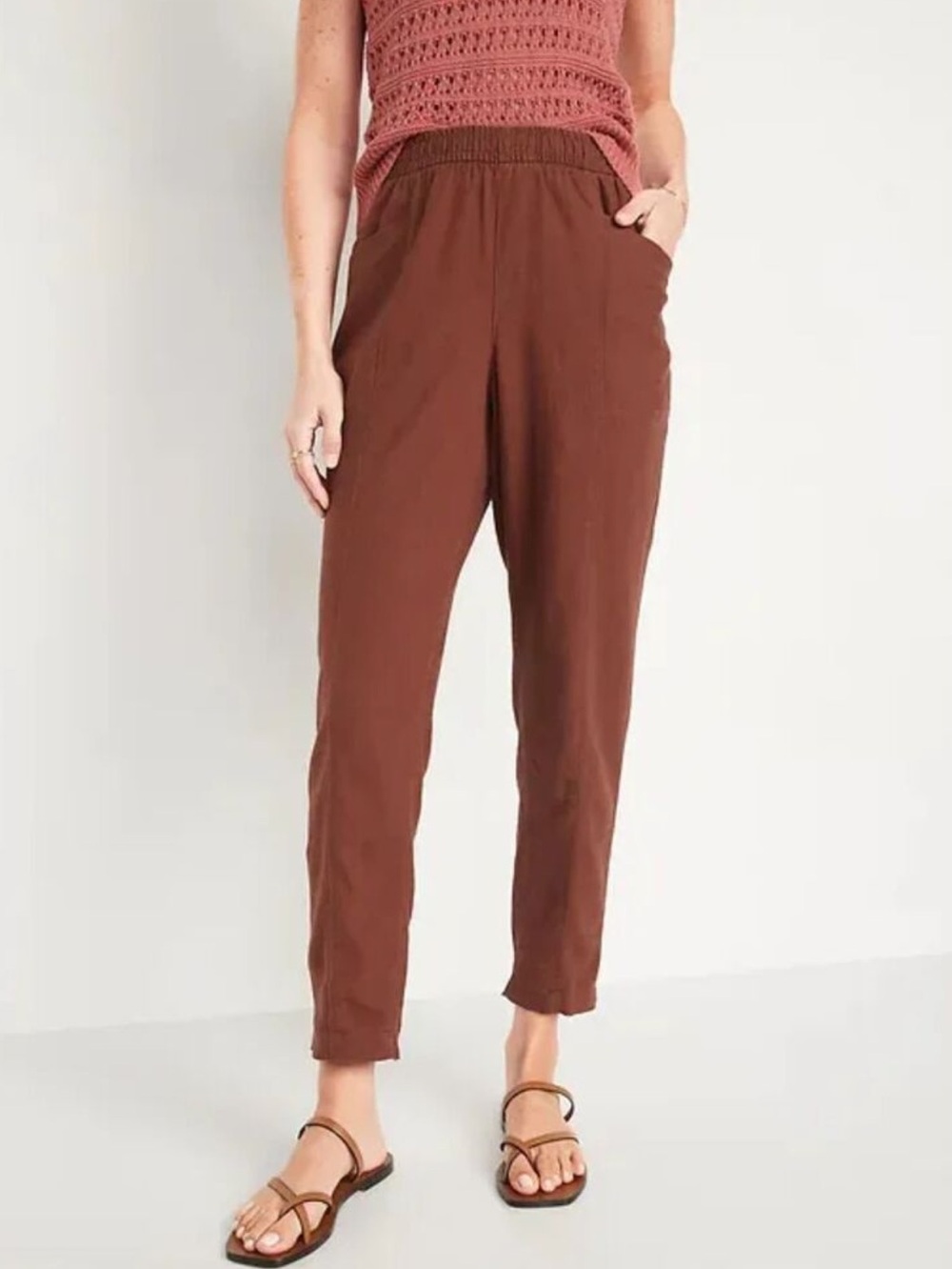 Old Navy Linen Blend High Rise Cropped Brown Pull On Pants